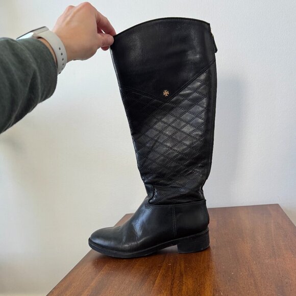 Tory Burch Claremont Quilted Pattern Leather Riding Boots Black - Picture 9 of 16